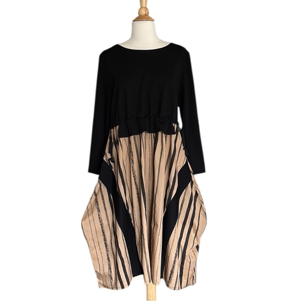 SIMPLY VANITE Lagenlook MIDI Dress Neutral Relaxed Fit Artistic Artsy Layer Look
